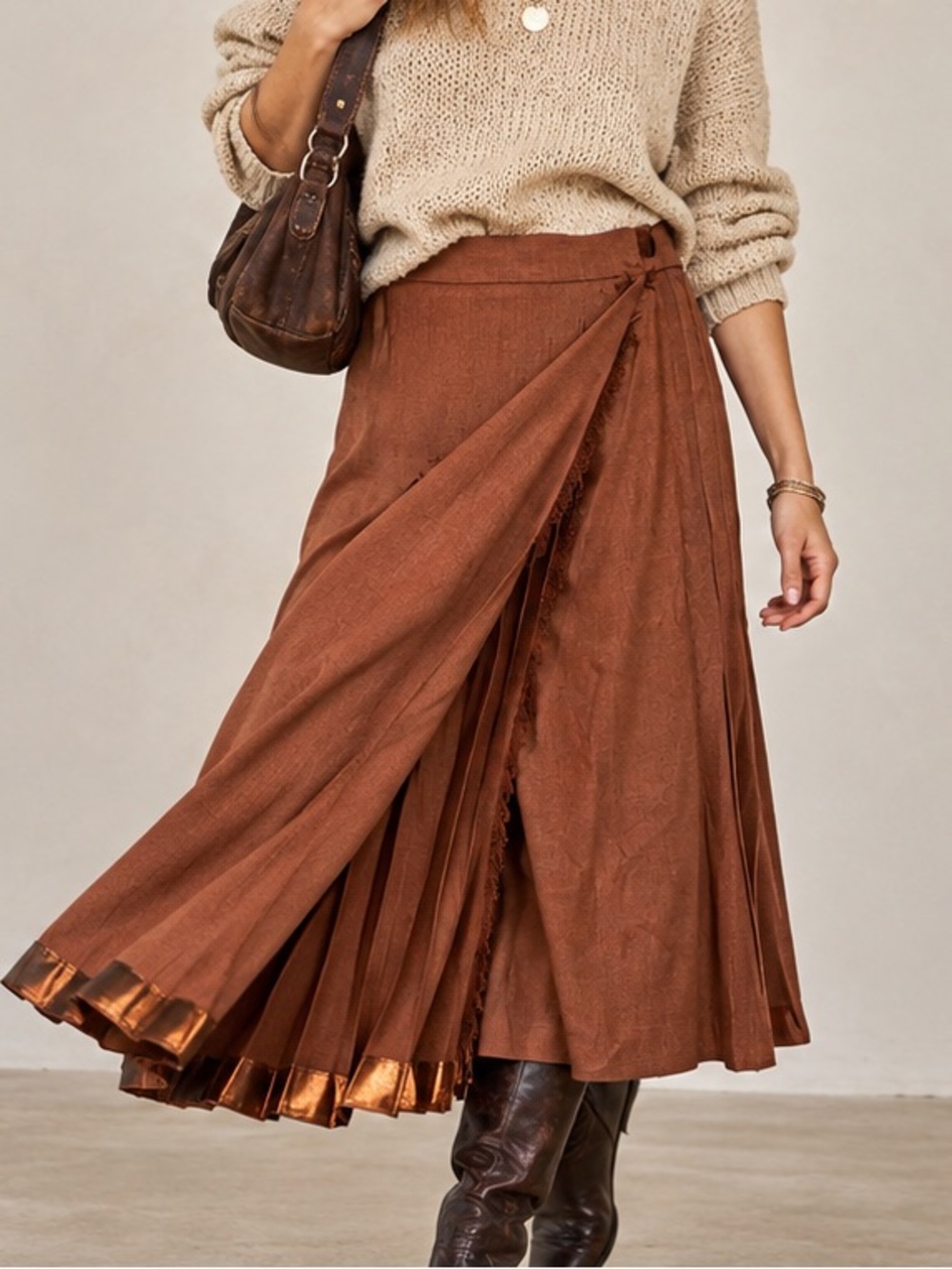 Vintage Dorothy Jeanne Copper Pleated Wrap Midi Skirt Raw Edge Artsy Fall